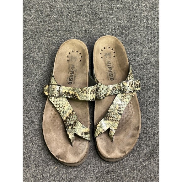Mephisto Women's 39/8.5 Helen Snake Print Green Leather Cork Footbed Sandals - Picture 1 of 6